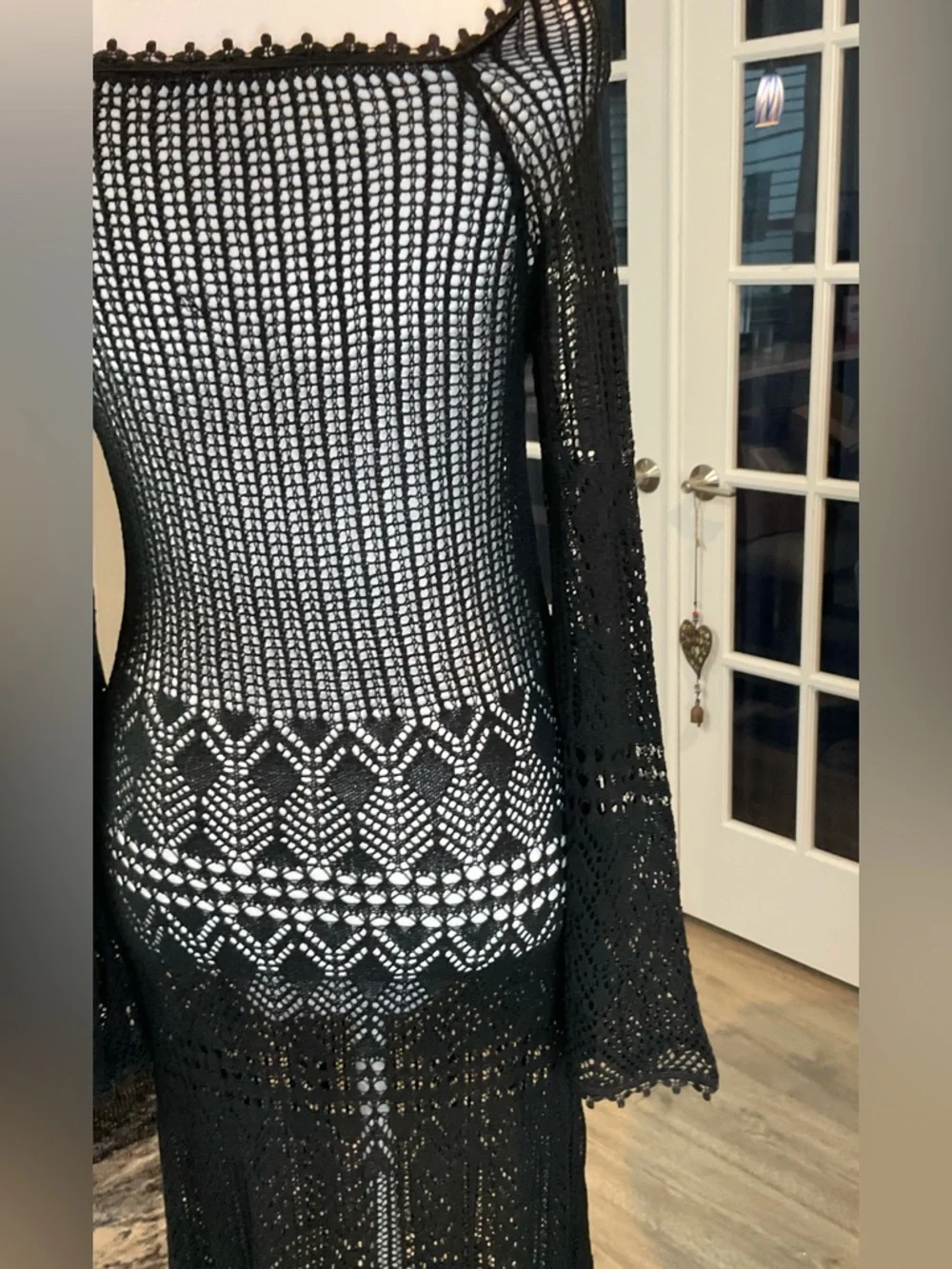 Cider Black Crochet Open Knit Maxi Dress Long Flare Slv., Fringe Hem Size M NWT - Picture 8 of 13